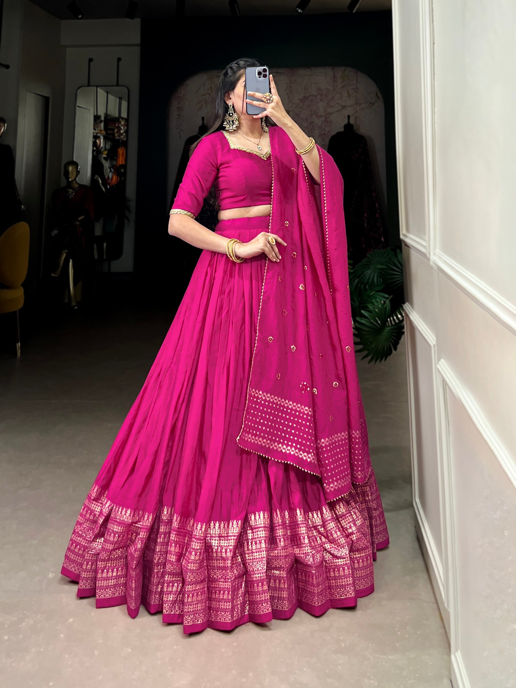 Lorenvalley Fashion Pink Pure Chanderi Plain With Zari Weaving Work Border Lehenga Choli with Dupatta - Distacart