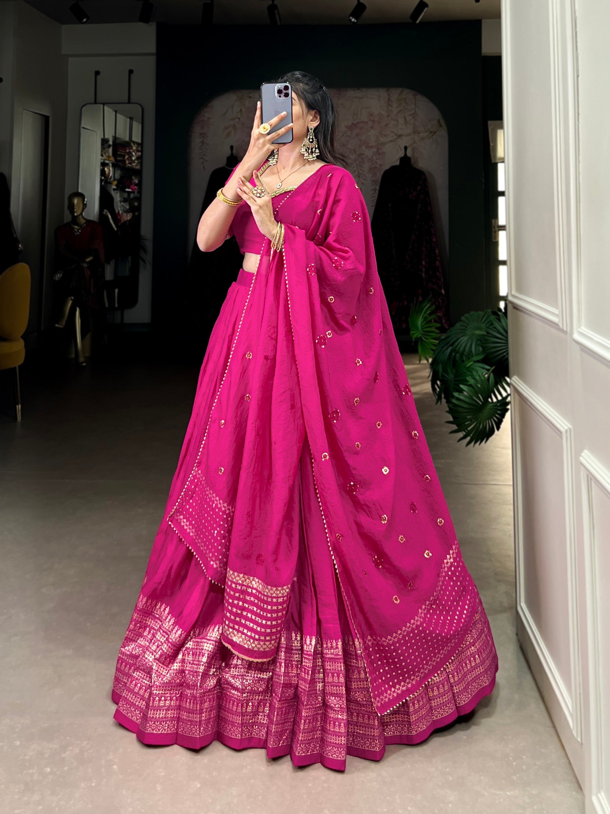 Lorenvalley Fashion Pink Pure Chanderi Plain With Zari Weaving Work Border Lehenga Choli with Dupatta - Distacart