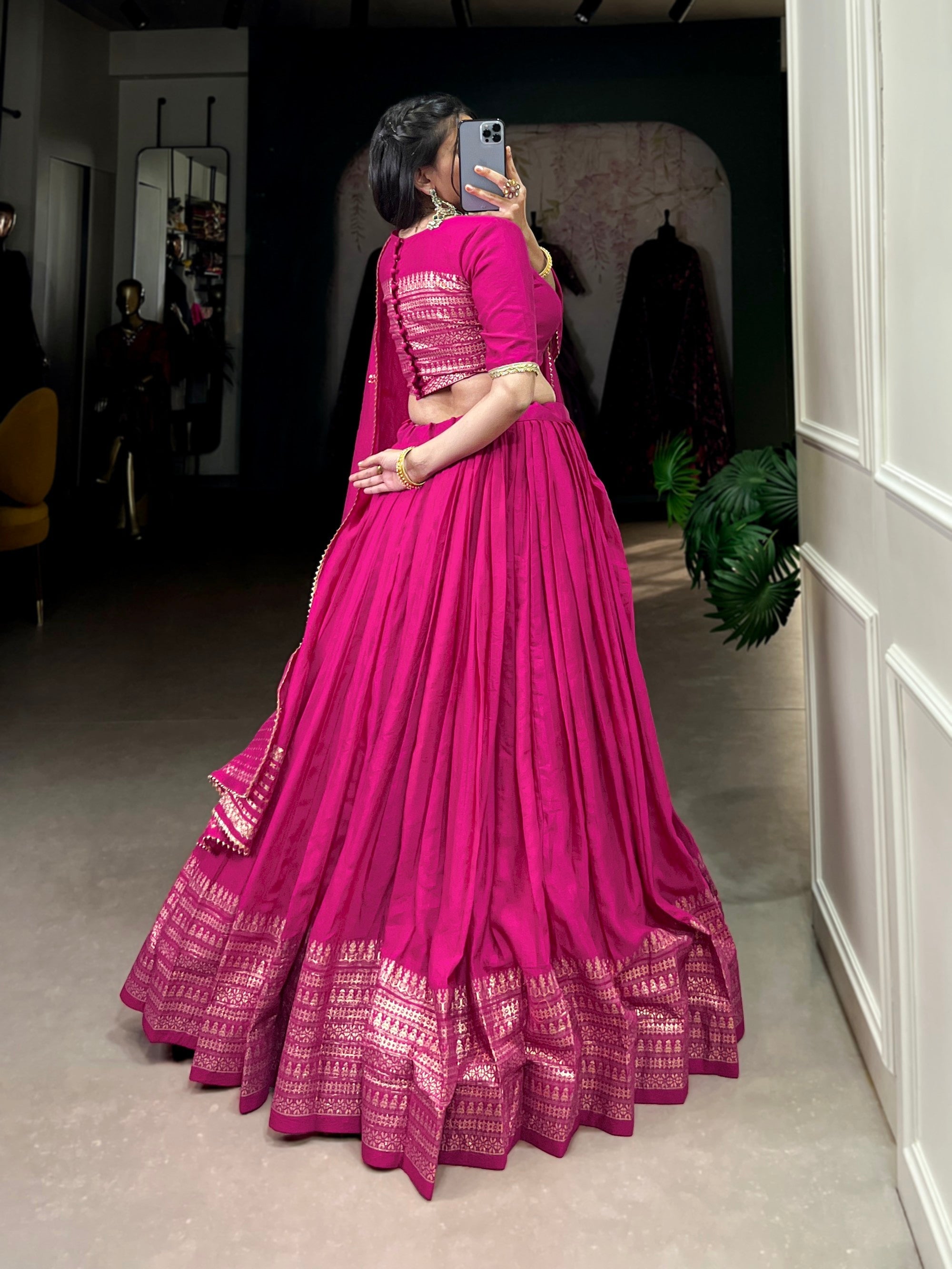Lorenvalley Fashion Pink Pure Chanderi Plain With Zari Weaving Work Border Lehenga Choli with Dupatta - Distacart