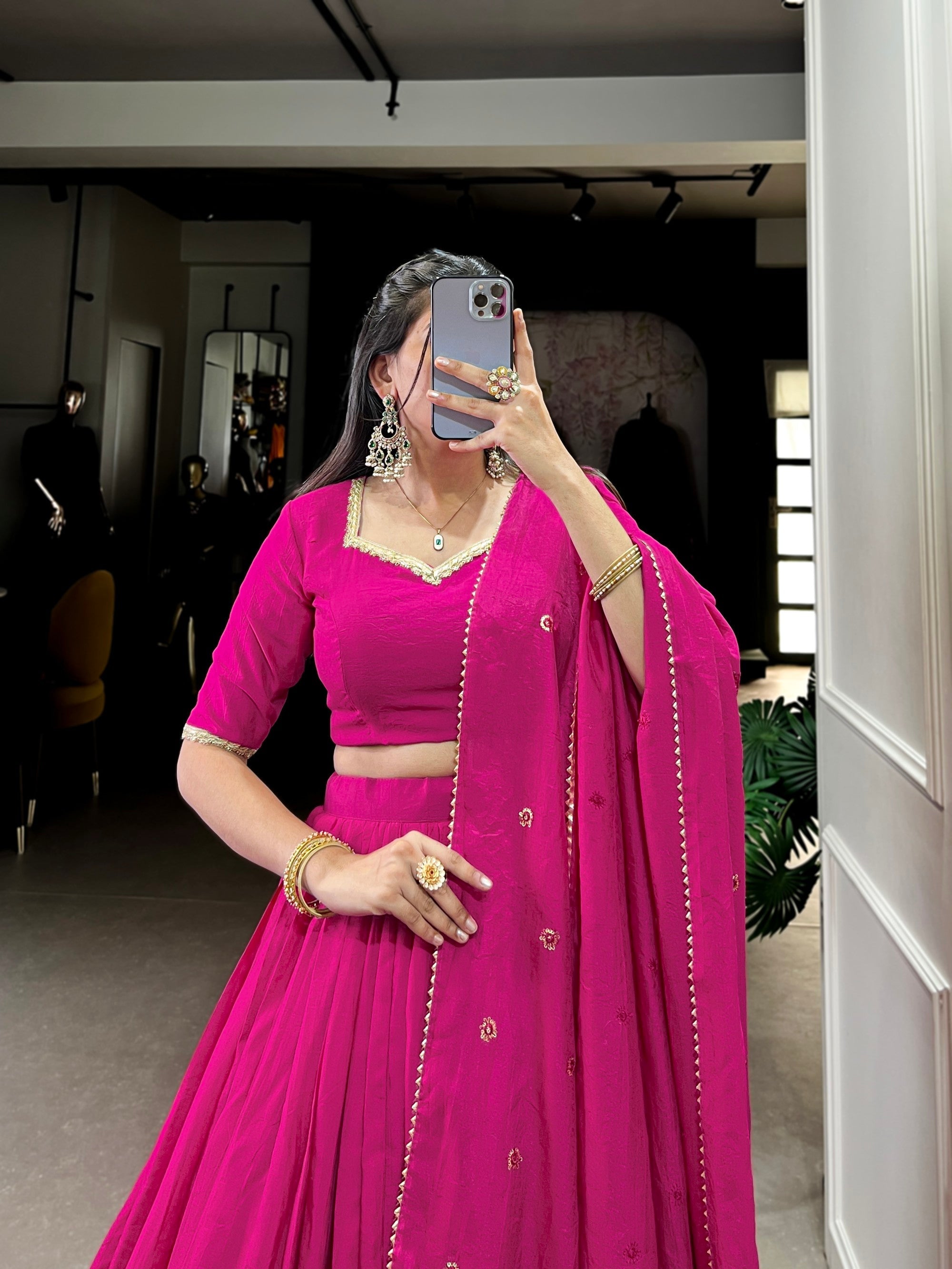 Lorenvalley Fashion Pink Pure Chanderi Plain With Zari Weaving Work Border Lehenga Choli with Dupatta - Distacart
