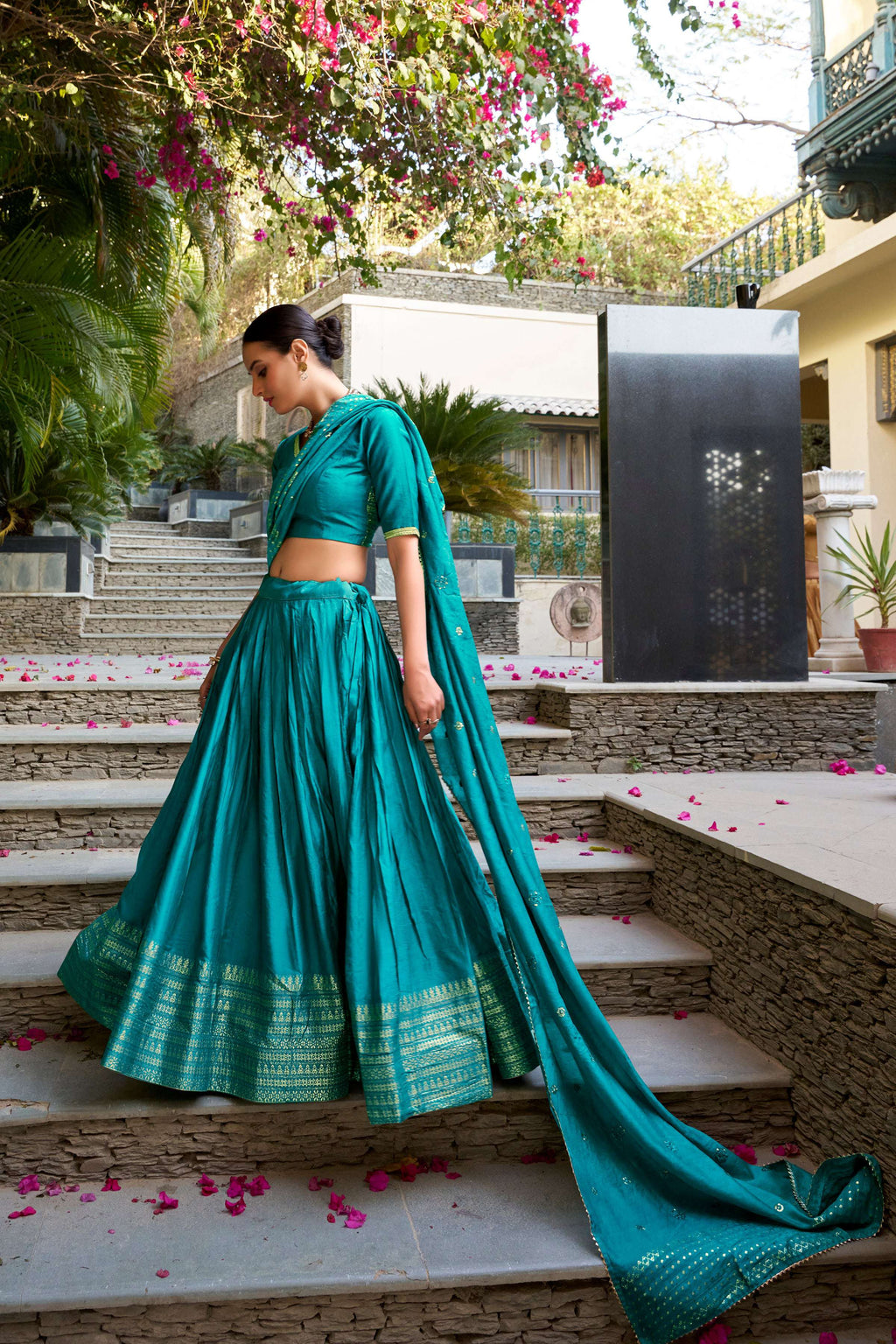 Evanik Women Pure Chanderi Plain With Zari Weaving Work Border Stitched Lehenga With Unstitched Blouse Dupatta - Distacart