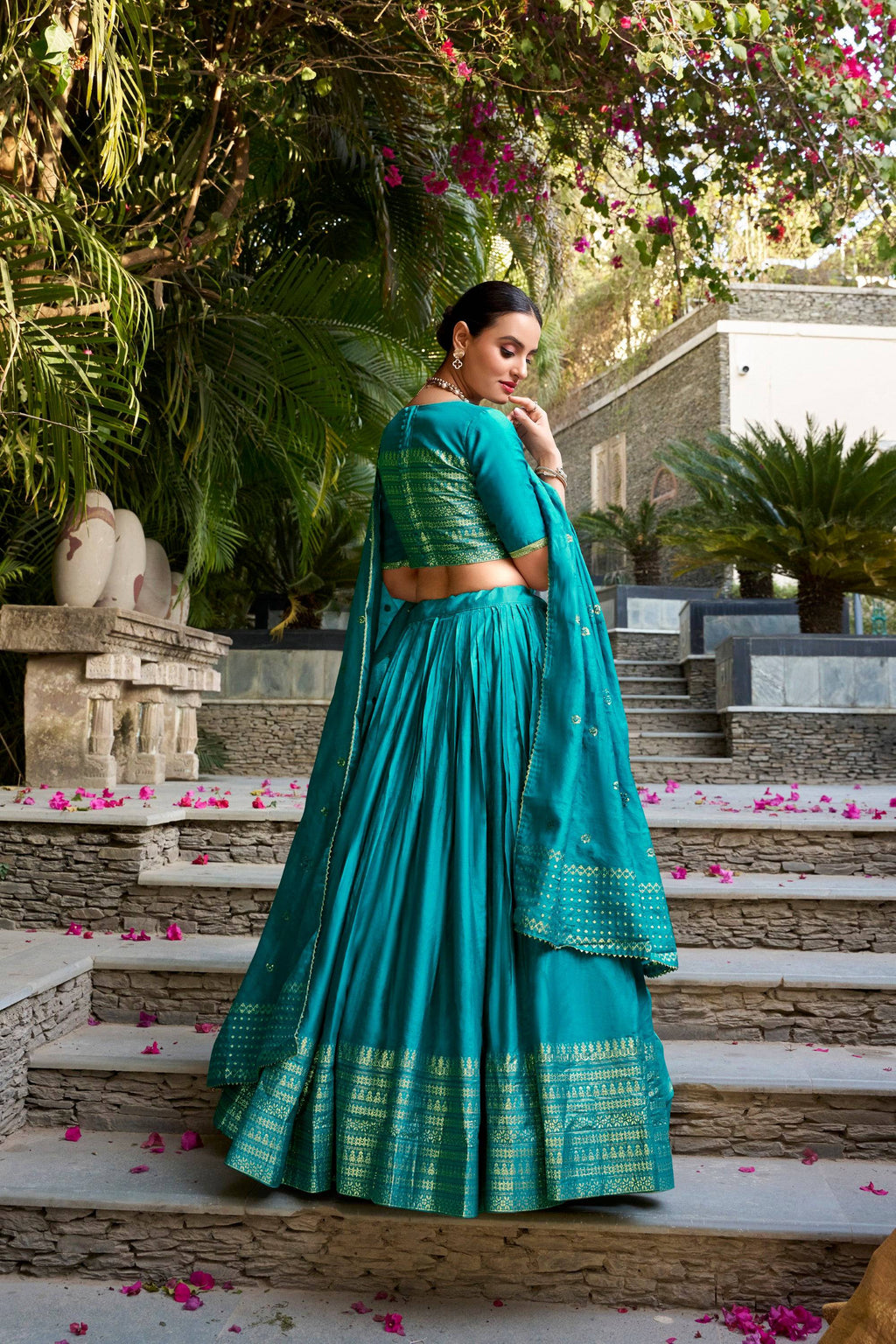 Lorenvalley Fashion Skyblue Pure Chanderi Plain With Zari Weaving Work Border Lehenga Choli with Dupatta - Distacart