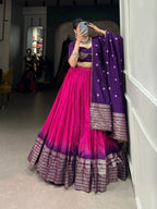 Lorenvalley Pink Chanderi Color Padding With Zari Weaving Work Border Lehenga Choli with Dupatta