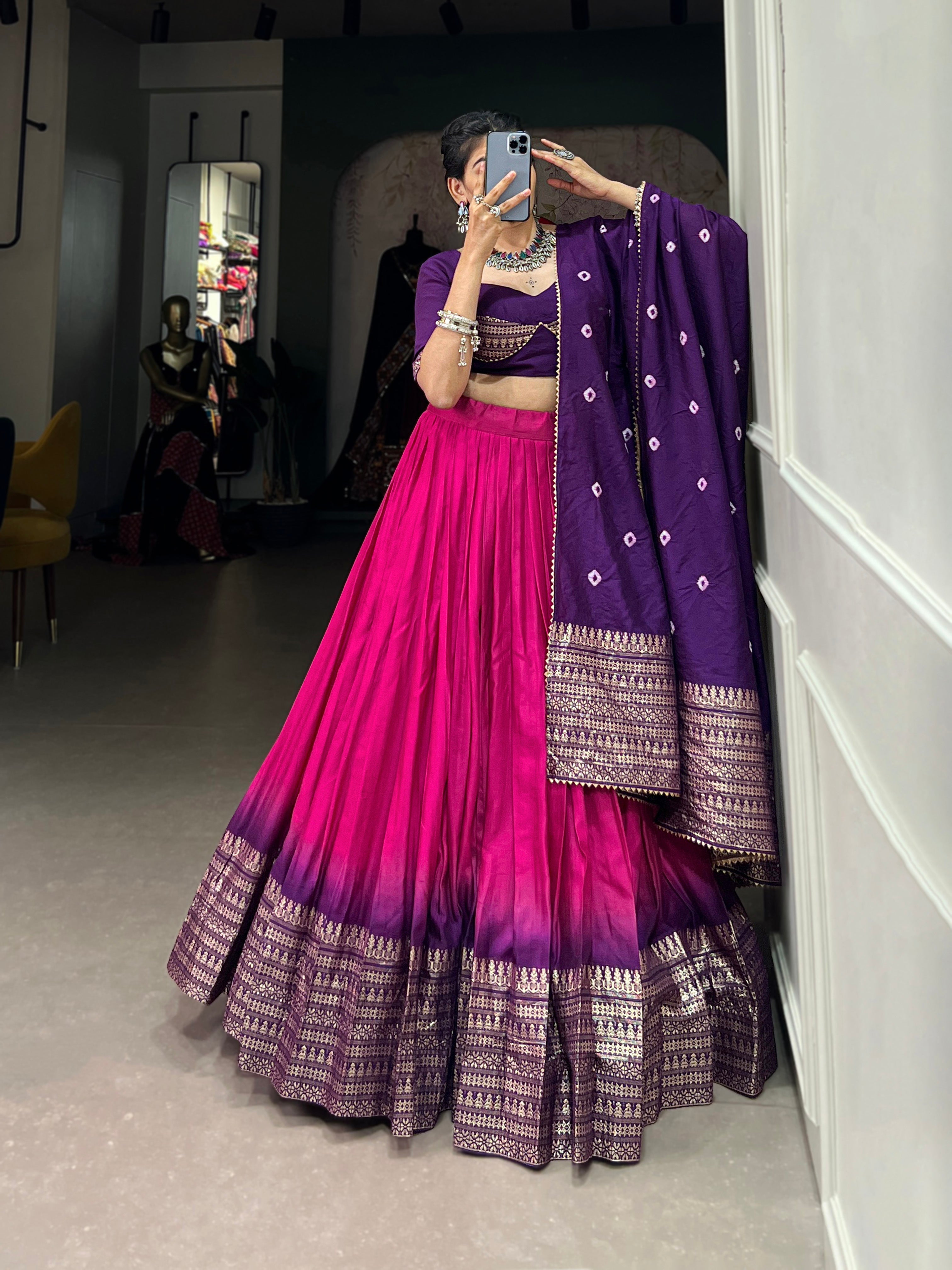 Lorenvalley Pink Chanderi Color Padding With Zari Weaving Work Border Lehenga Choli with Dupatta