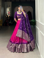 Lorenvalley Pink Chanderi Color Padding With Zari Weaving Work Border Lehenga Choli with Dupatta