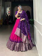 Lorenvalley Pink Chanderi Color Padding With Zari Weaving Work Border Lehenga Choli with Dupatta