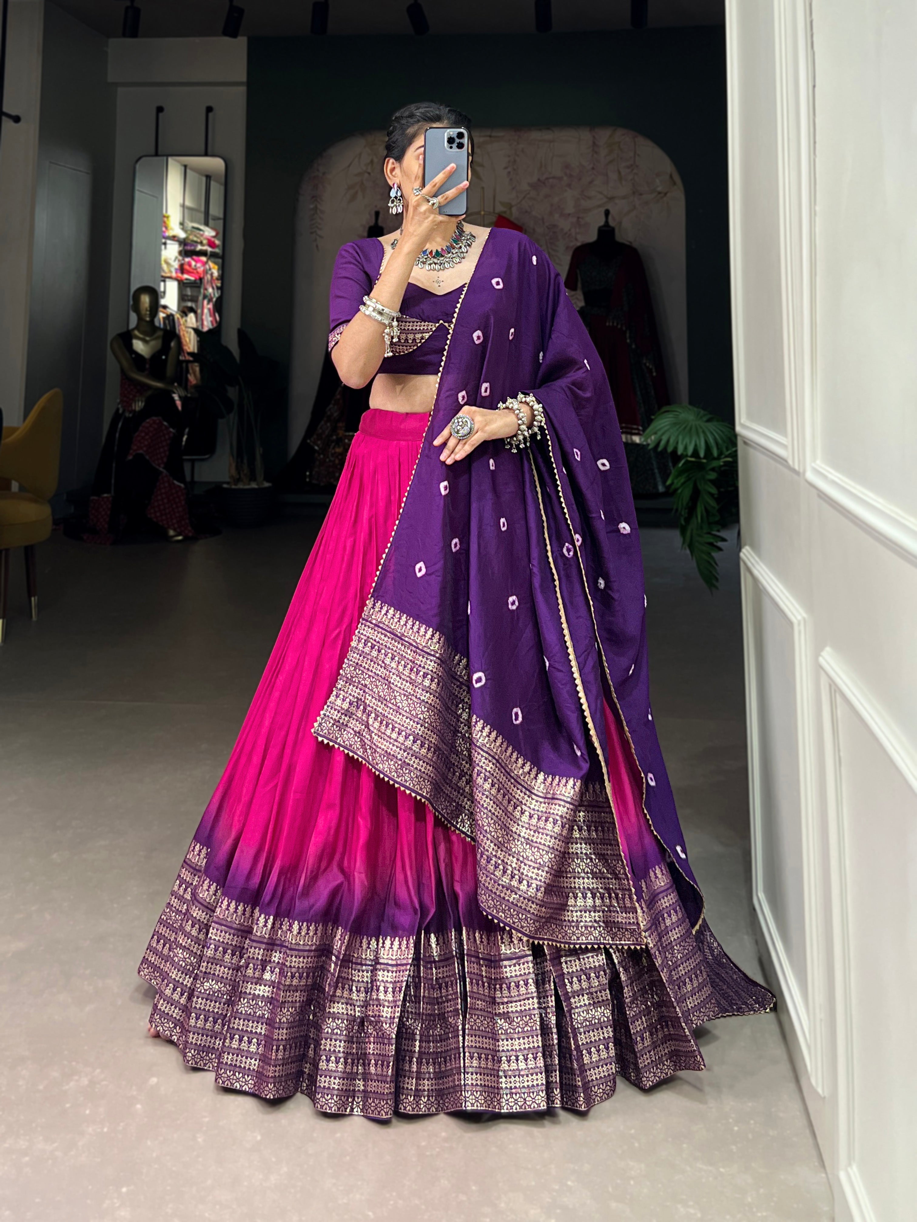 Lorenvalley Pink Chanderi Color Padding With Zari Weaving Work Border Lehenga Choli with Dupatta