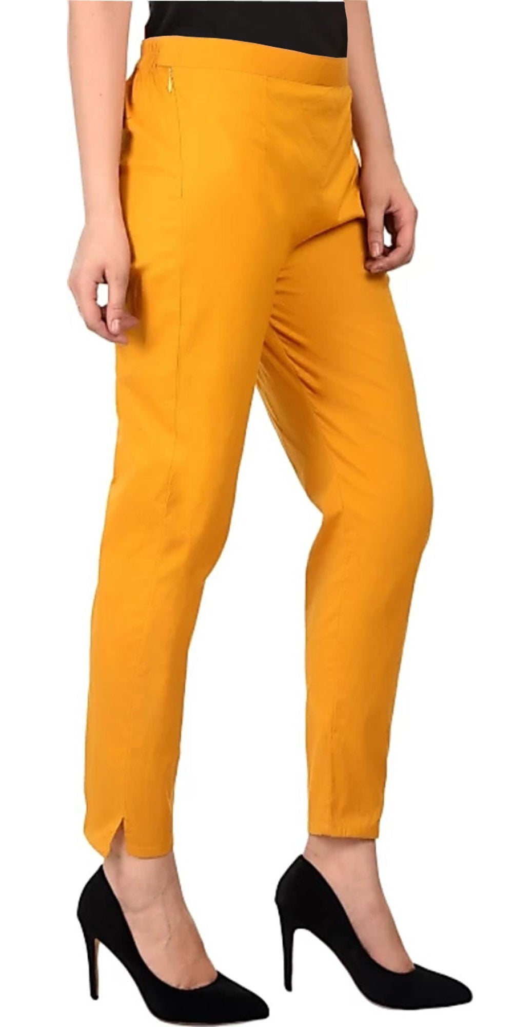 PAVONINE Mustard Color Stretchable Cotton Lycra Fabric Pencil Pant For Women - Distacart
