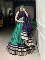 Lorenvalley Firozi Pure Chanderi Plain With Zari Weaving Work Border Lehenga Choli