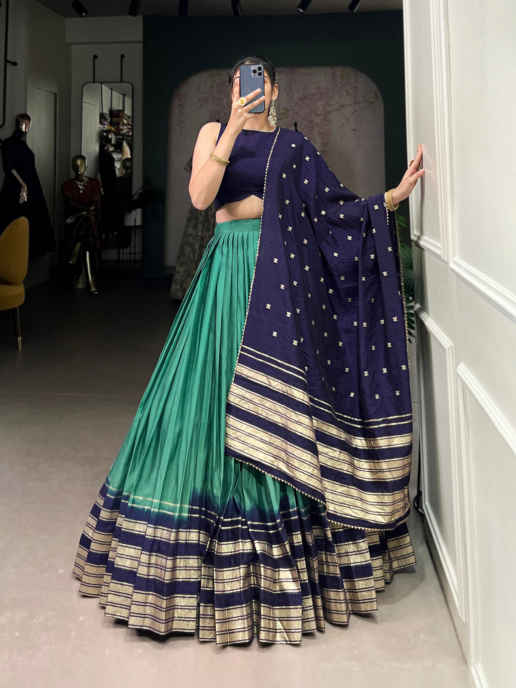 Lorenvalley Firozi Pure Chanderi Plain With Zari Weaving Work Border Lehenga Choli
