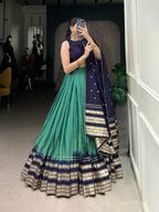Lorenvalley Firozi Pure Chanderi Plain With Zari Weaving Work Border Lehenga Choli