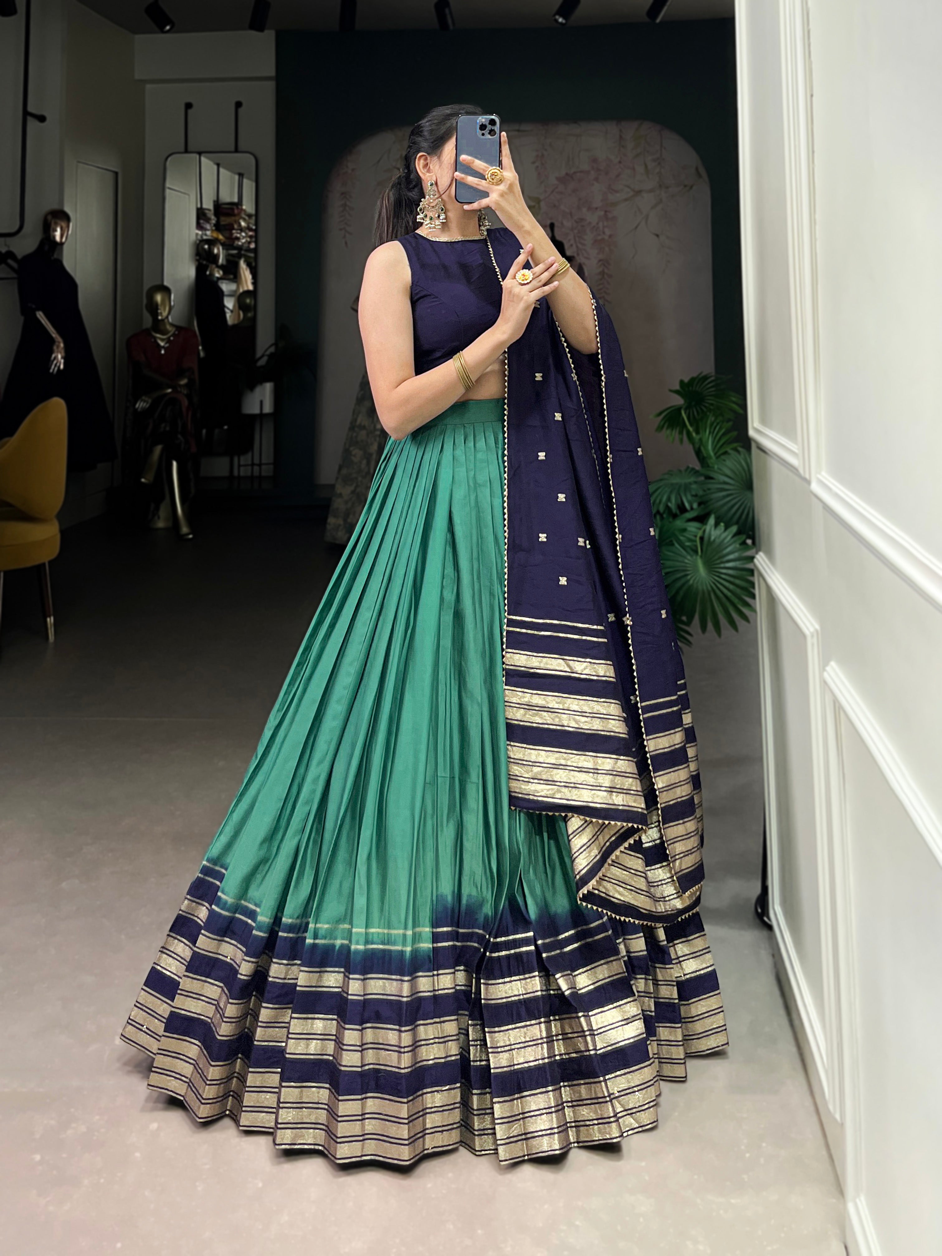 Lorenvalley Firozi Pure Chanderi Plain With Zari Weaving Work Border Lehenga Choli