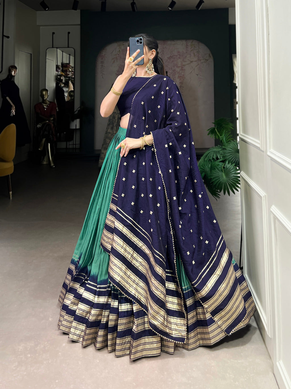 Lorenvalley Firozi Pure Chanderi Plain With Zari Weaving Work Border Lehenga Choli