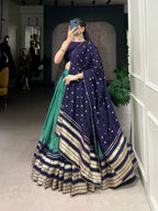 Lorenvalley Firozi Pure Chanderi Plain With Zari Weaving Work Border Lehenga Choli