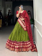 Lorenvalley Mehendi Pure Chanderi Plain With Zari Weaving Work Border Lehenga Choli