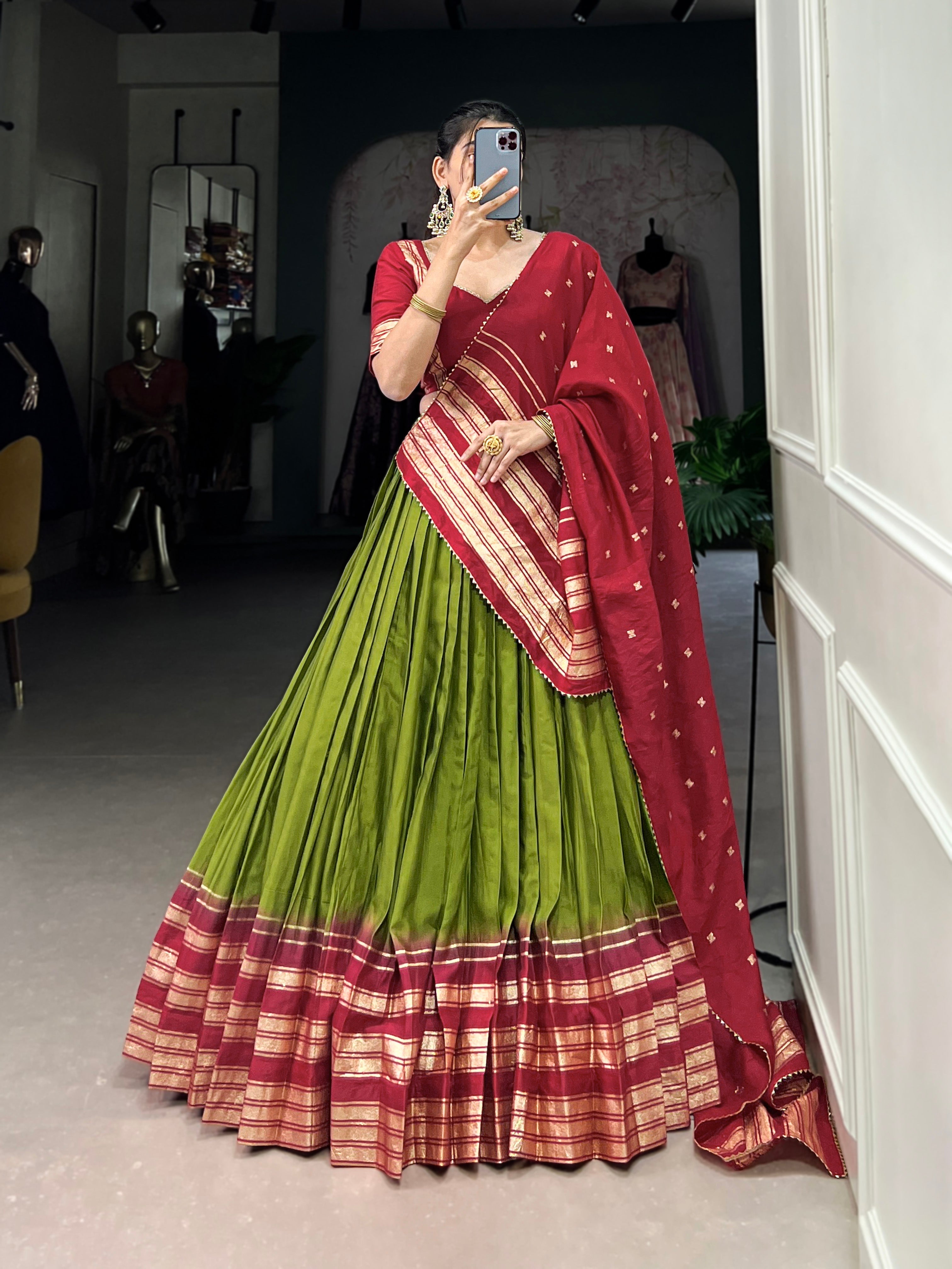 Lorenvalley Mehendi Pure Chanderi Plain With Zari Weaving Work Border Lehenga Choli