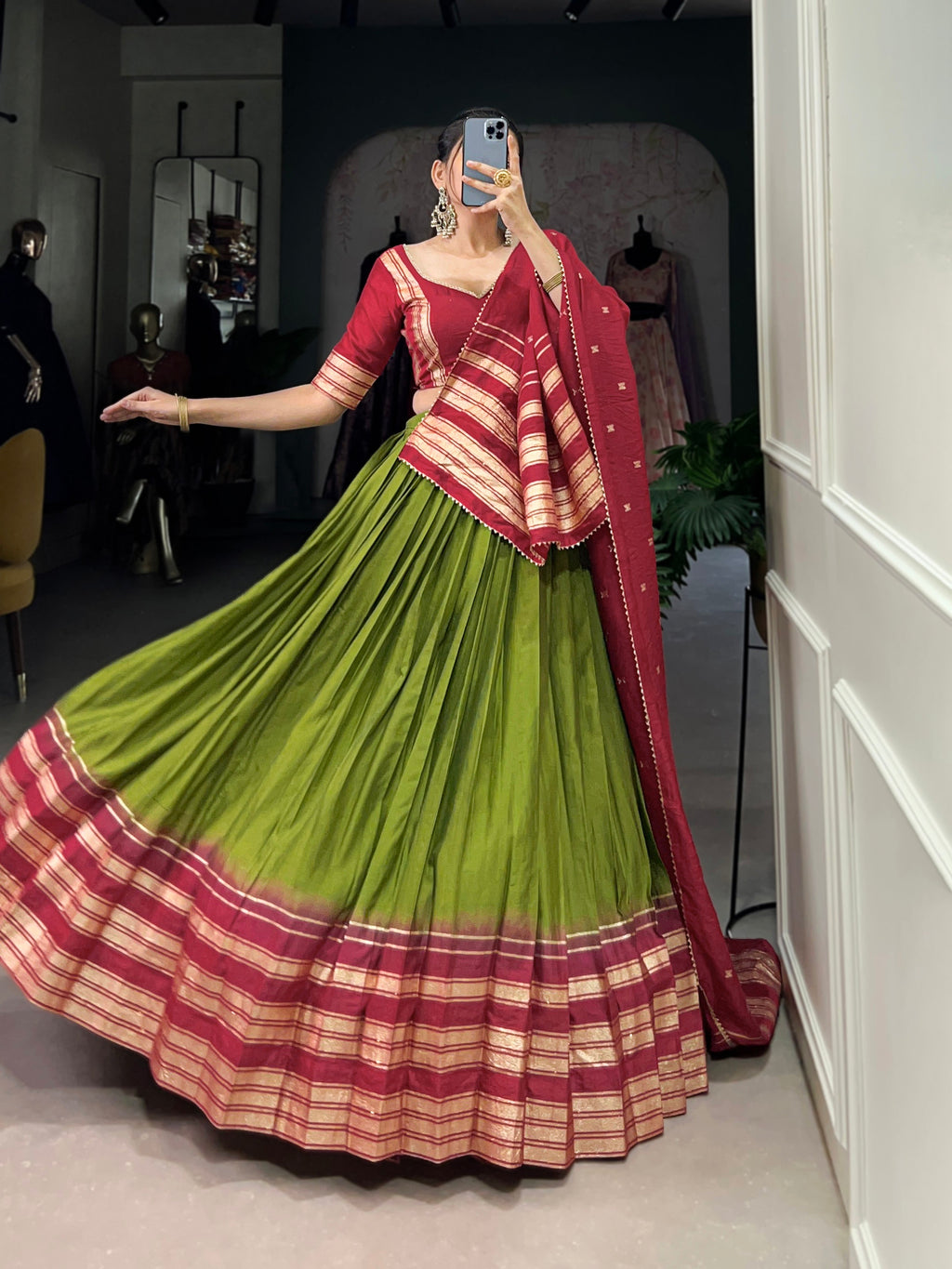 Lorenvalley Mehendi Pure Chanderi Plain With Zari Weaving Work Border Lehenga Choli