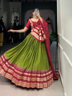 Lorenvalley Mehendi Pure Chanderi Plain With Zari Weaving Work Border Lehenga Choli