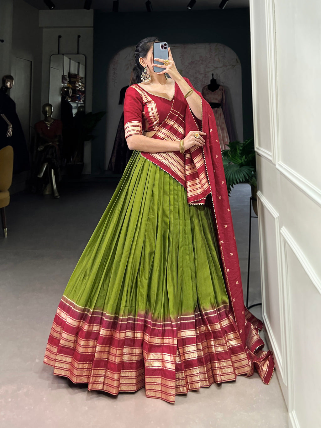 Lorenvalley Mehendi Pure Chanderi Plain With Zari Weaving Work Border Lehenga Choli