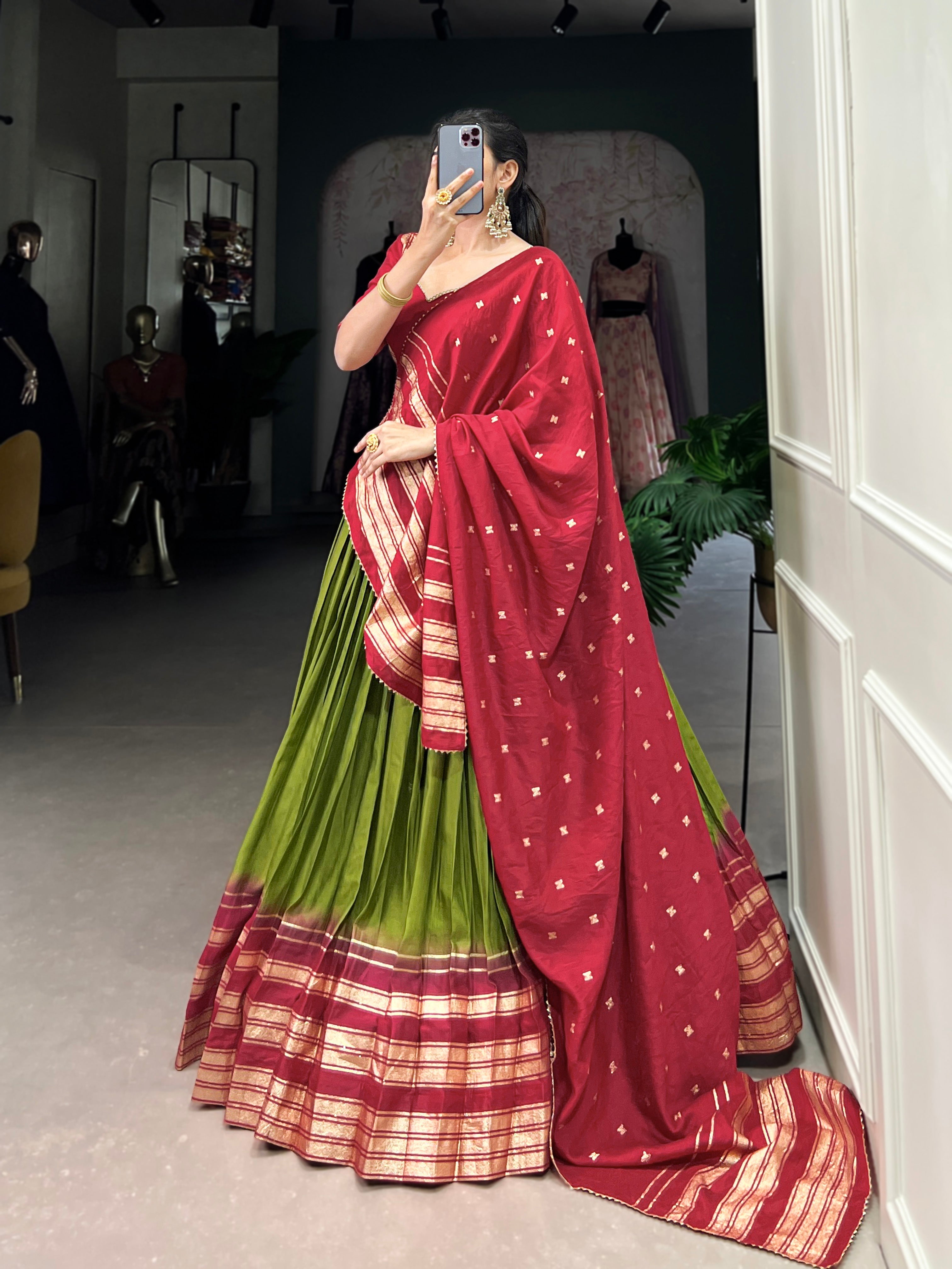 Lorenvalley Mehendi Pure Chanderi Plain With Zari Weaving Work Border Lehenga Choli