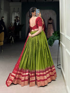Lorenvalley Mehendi Pure Chanderi Plain With Zari Weaving Work Border Lehenga Choli