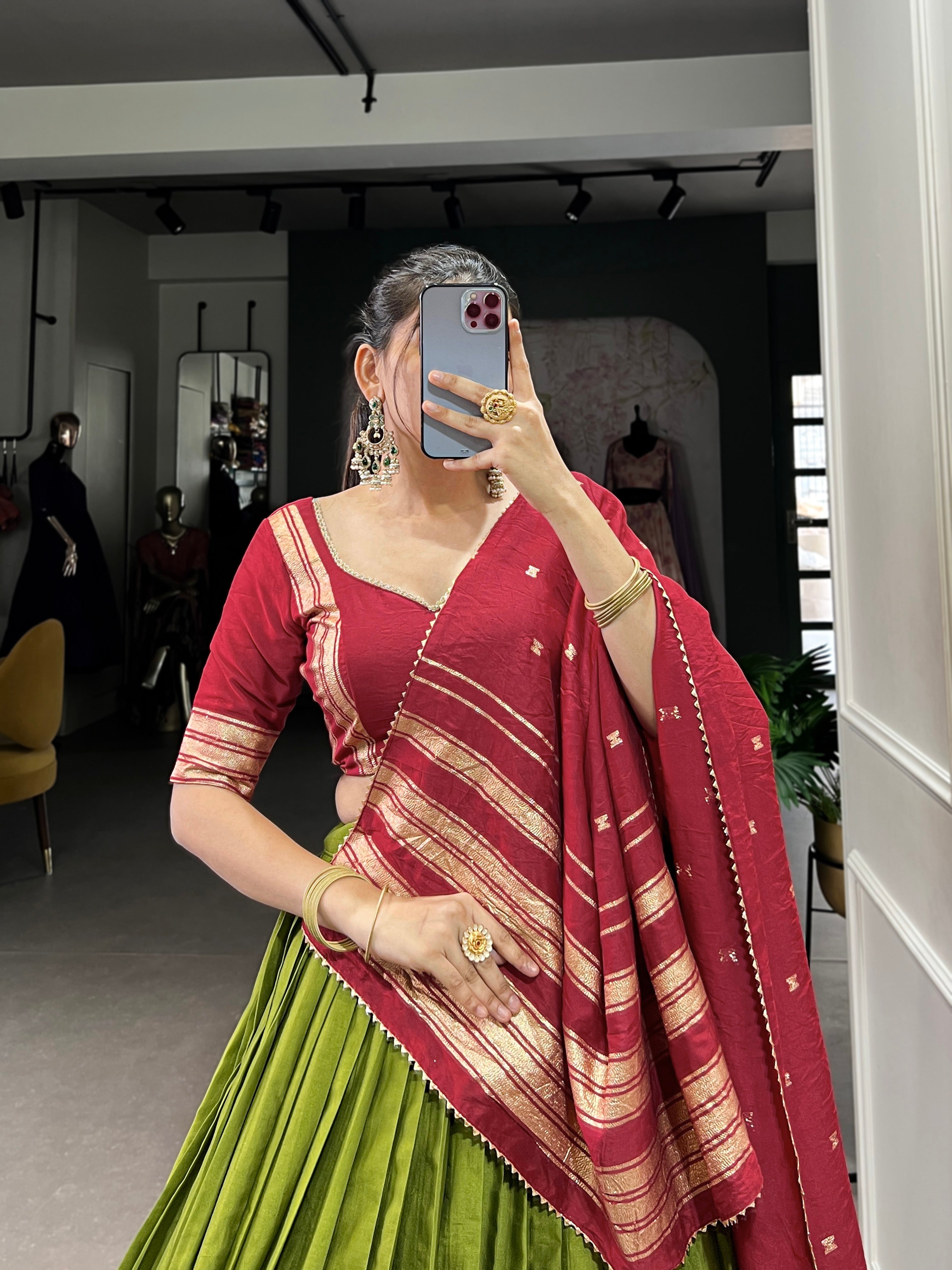 Lorenvalley Mehendi Pure Chanderi Plain With Zari Weaving Work Border Lehenga Choli