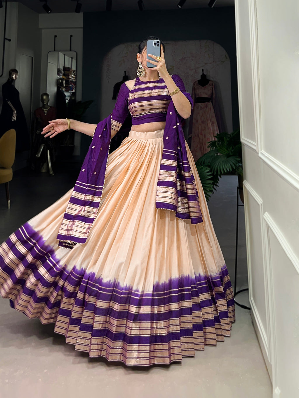 Lorenvalley Off White Pure Chanderi Plain With Zari Weaving Work Border Lehenga Choli