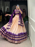 Lorenvalley Off White Pure Chanderi Plain With Zari Weaving Work Border Lehenga Choli