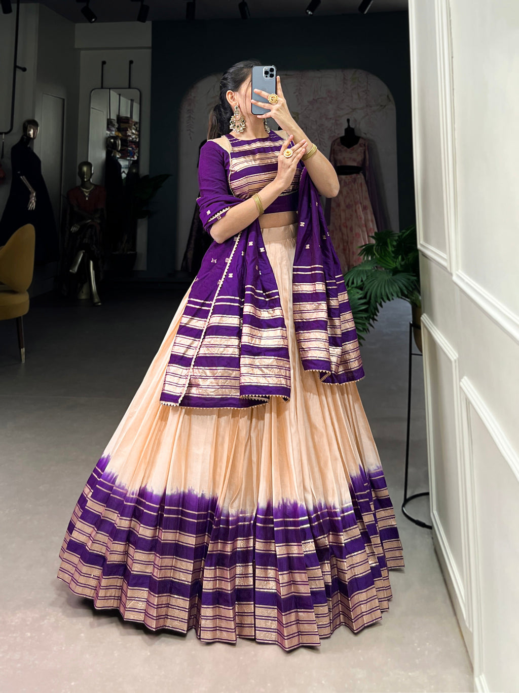 Lorenvalley Off White Pure Chanderi Plain With Zari Weaving Work Border Lehenga Choli