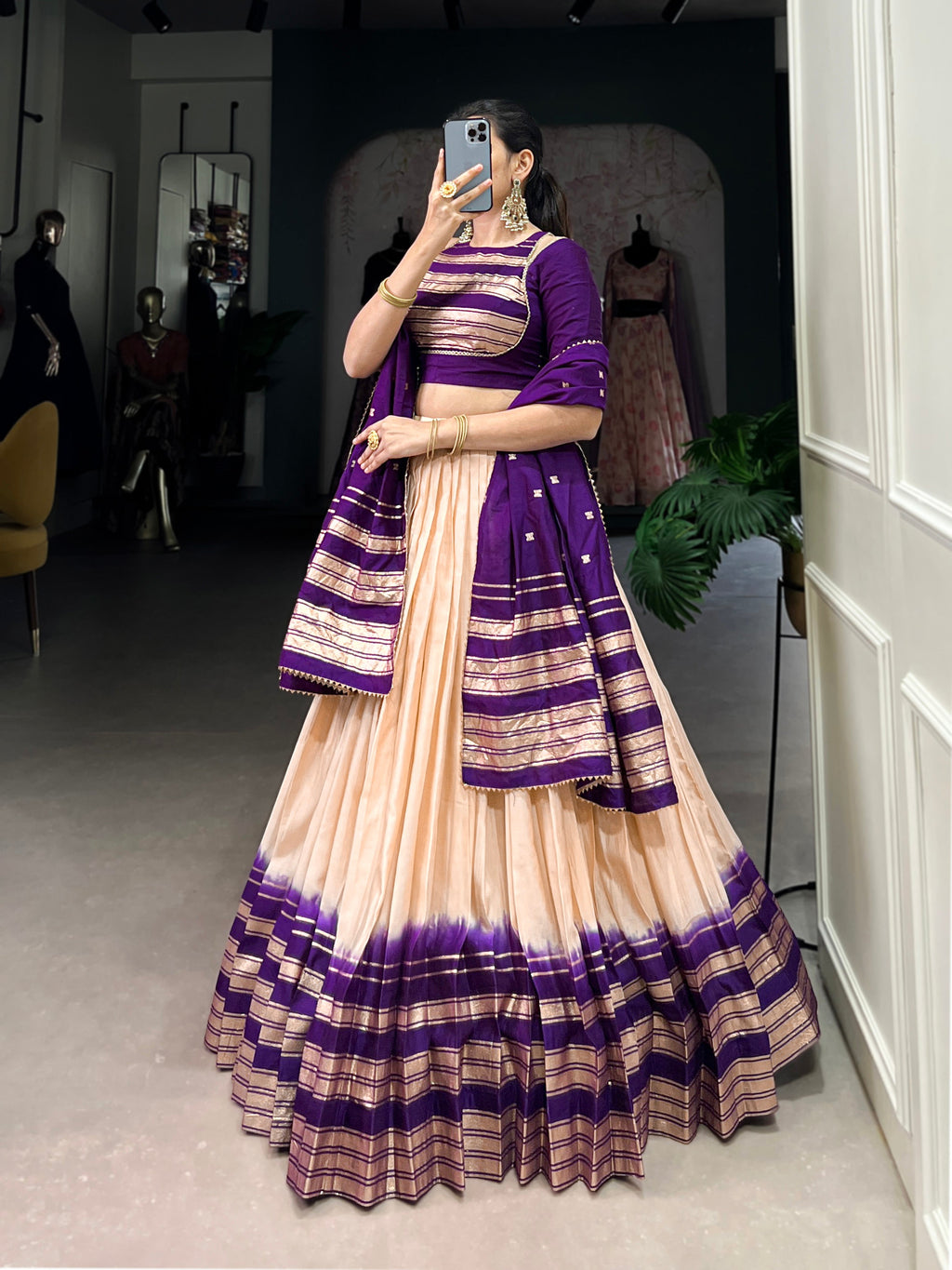 Lorenvalley Off White Pure Chanderi Plain With Zari Weaving Work Border Lehenga Choli