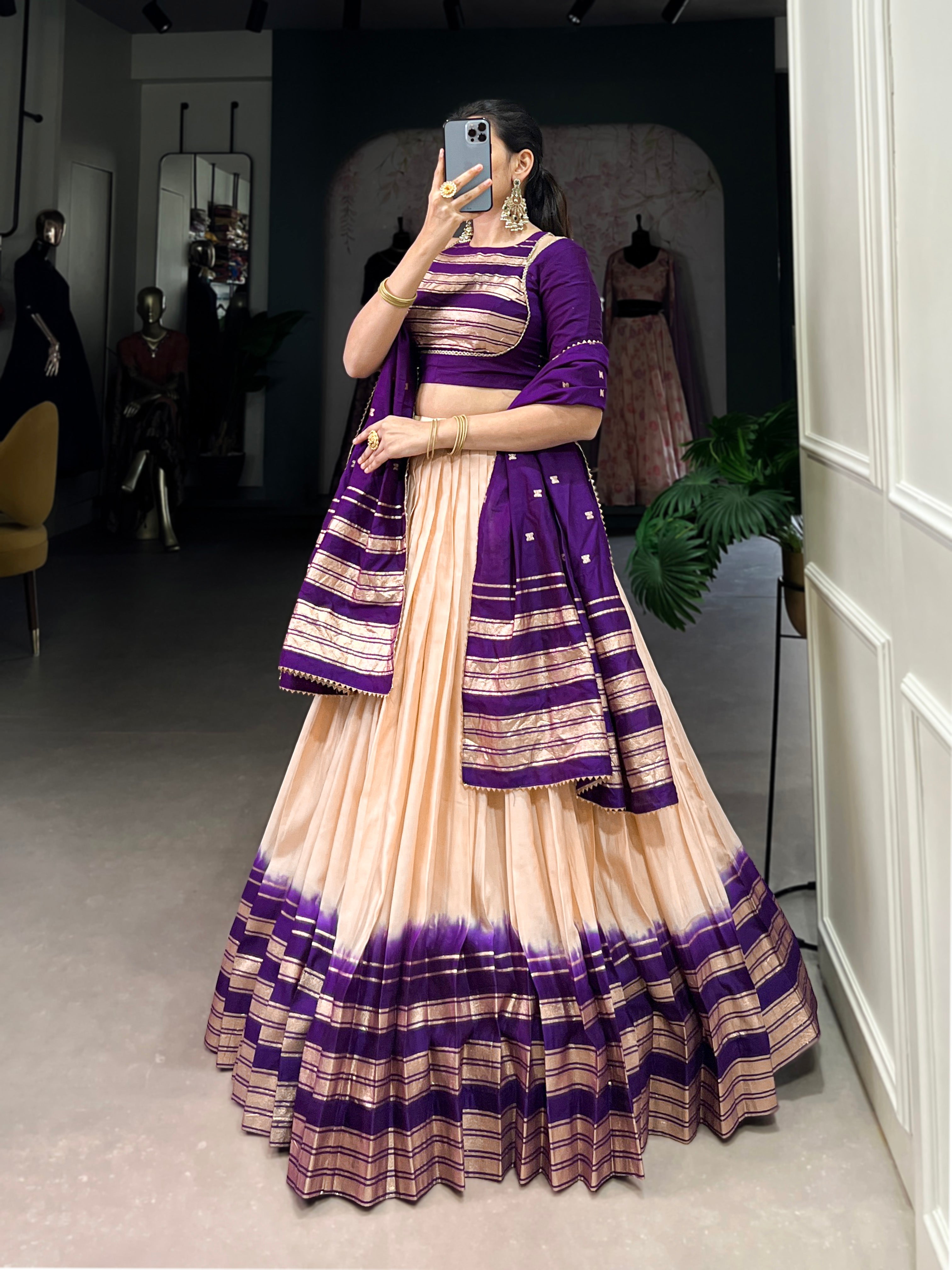 Lorenvalley Off White Pure Chanderi Plain With Zari Weaving Work Border Lehenga Choli