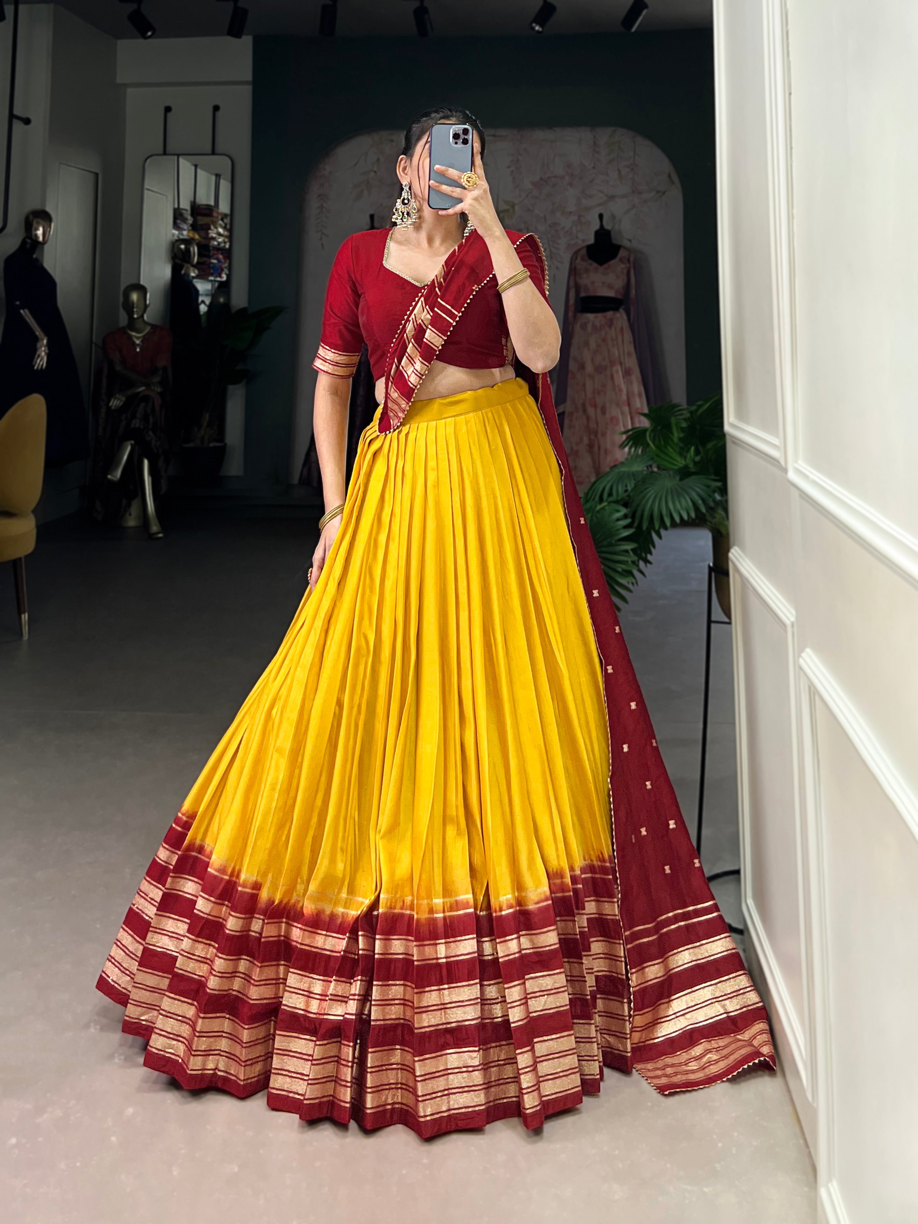 Lorenvalley Yellow Pure Chanderi Plain With Zari Weaving Work Border Lehenga Choli