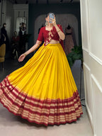 Lorenvalley Yellow Pure Chanderi Plain With Zari Weaving Work Border Lehenga Choli