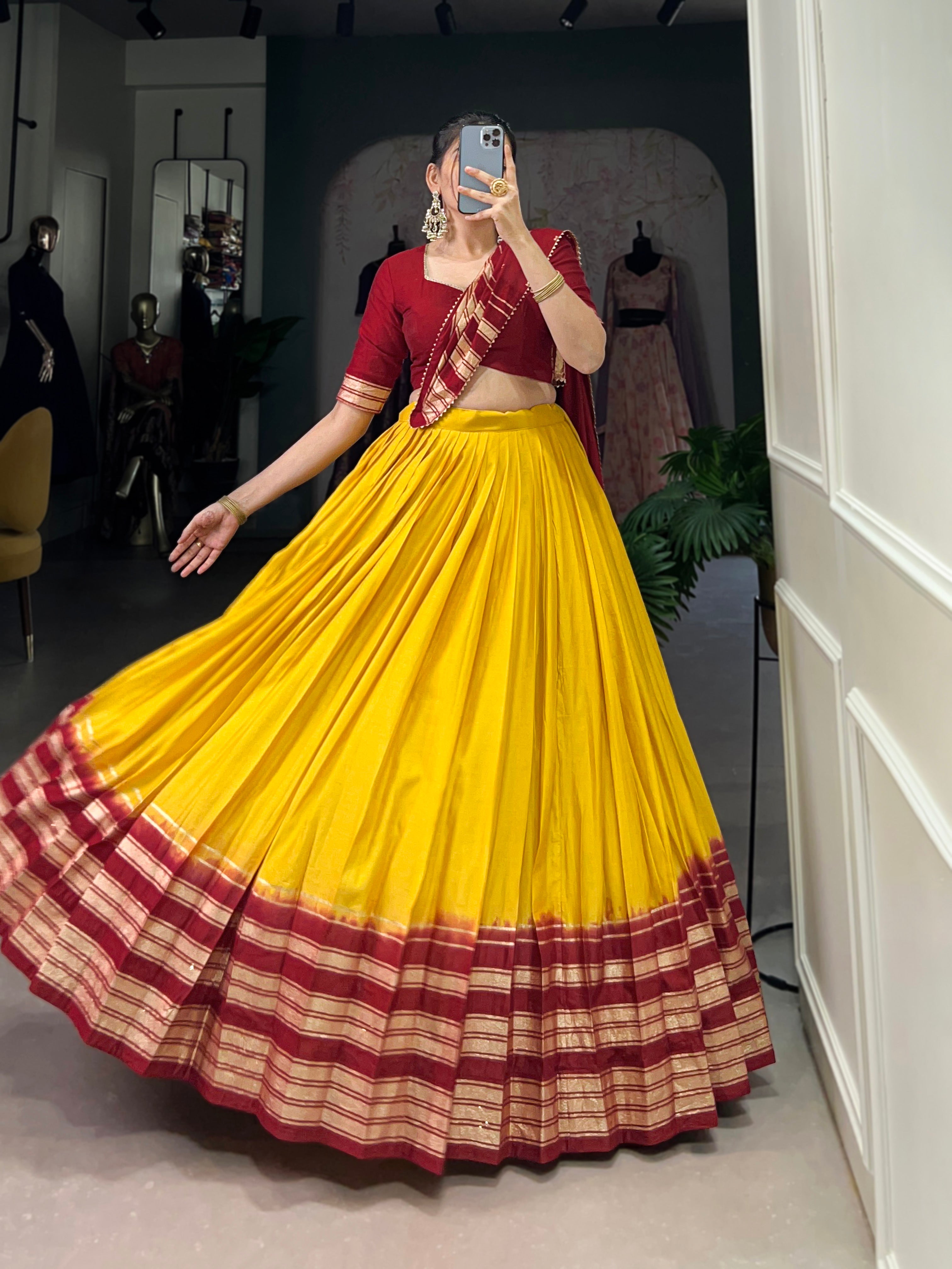 Lorenvalley Yellow Pure Chanderi Plain With Zari Weaving Work Border Lehenga Choli