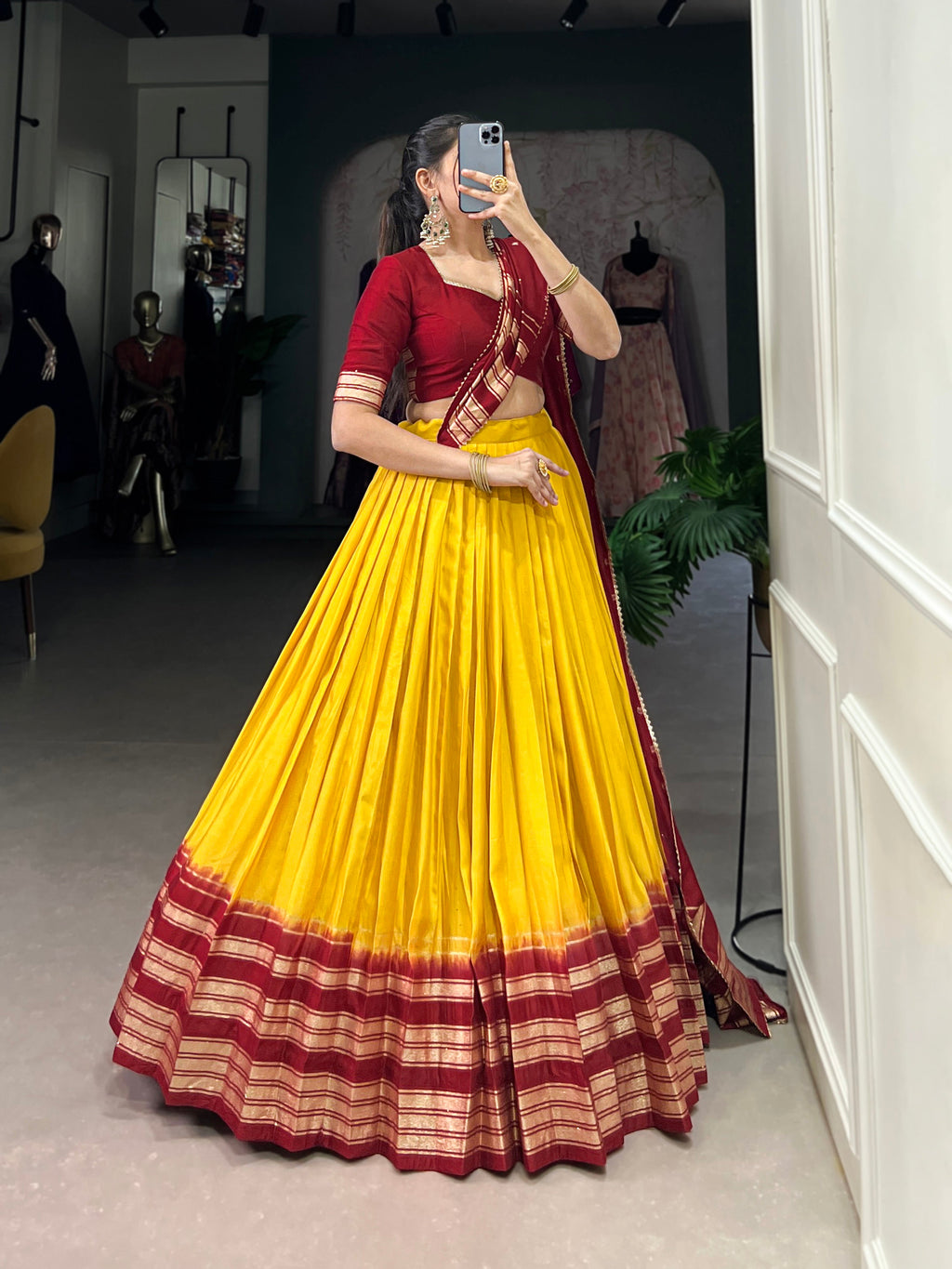 Lorenvalley Yellow Pure Chanderi Plain With Zari Weaving Work Border Lehenga Choli