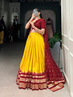 Lorenvalley Yellow Pure Chanderi Plain With Zari Weaving Work Border Lehenga Choli