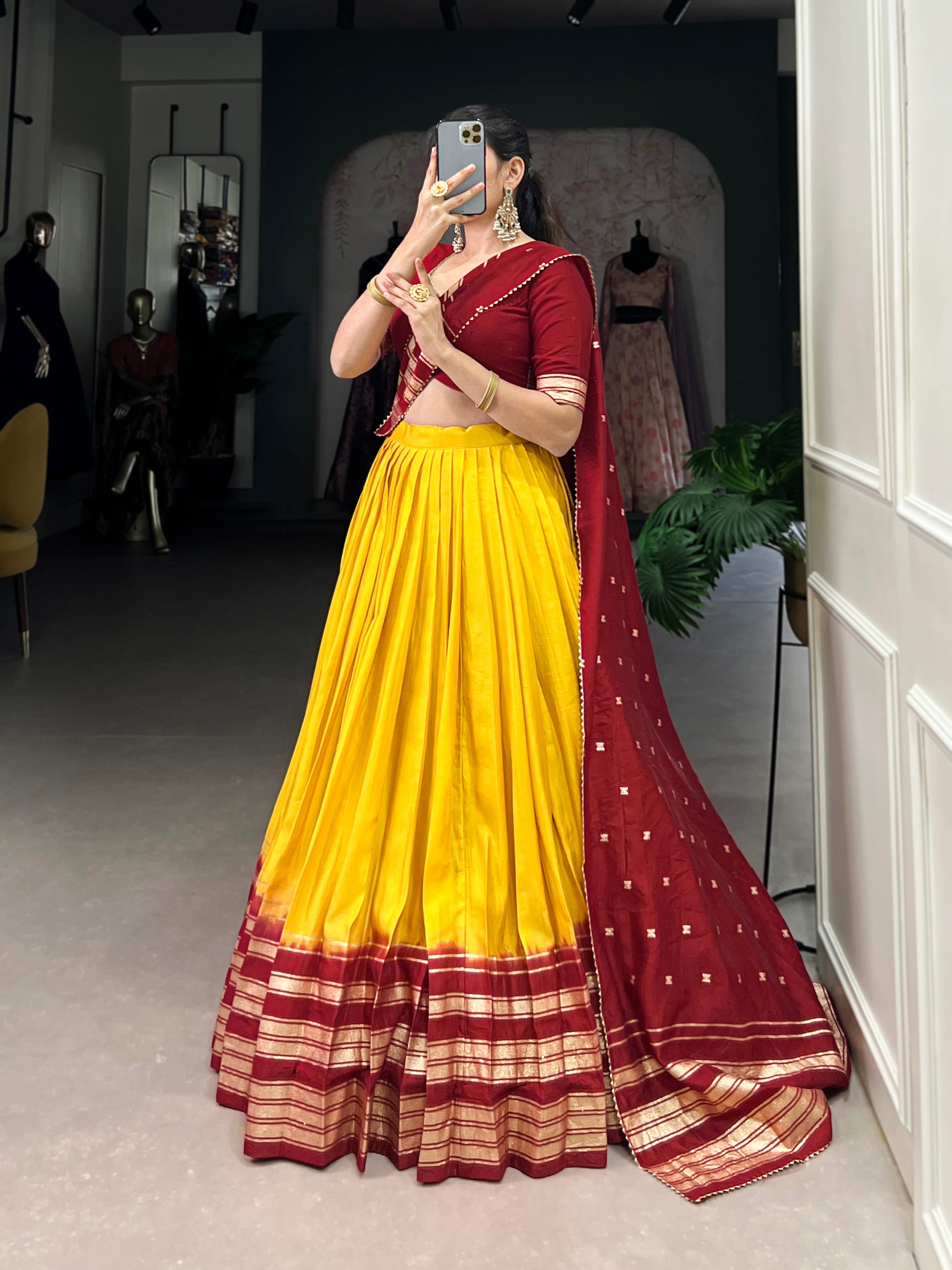 Lorenvalley Yellow Pure Chanderi Plain With Zari Weaving Work Border Lehenga Choli
