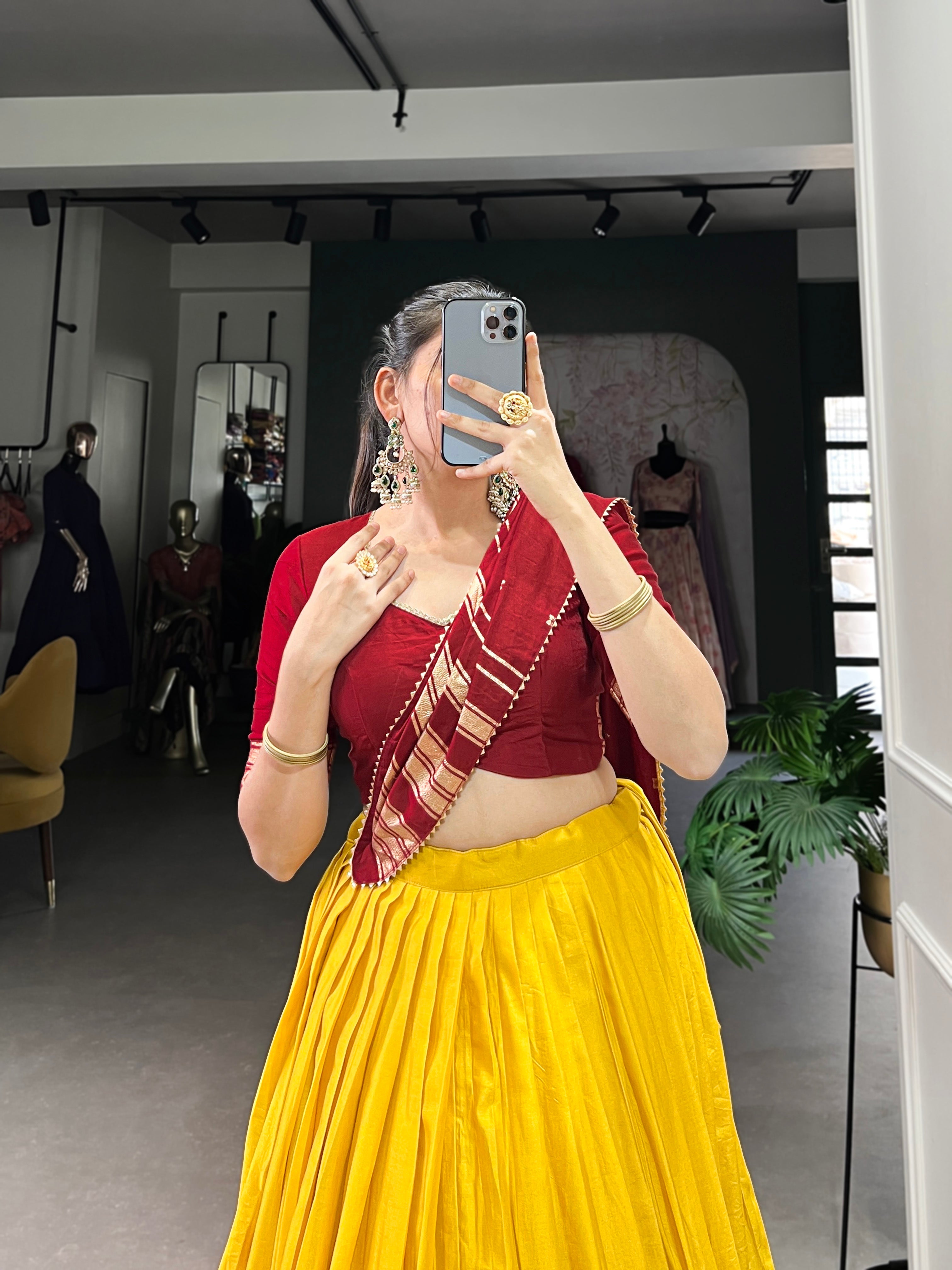 Lorenvalley Yellow Pure Chanderi Plain With Zari Weaving Work Border Lehenga Choli