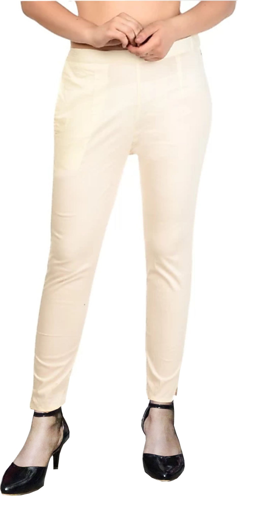 PAVONINE Off White Color Stretchable Cotton Lycra Fabric Pencil Pant For Women - Distacart