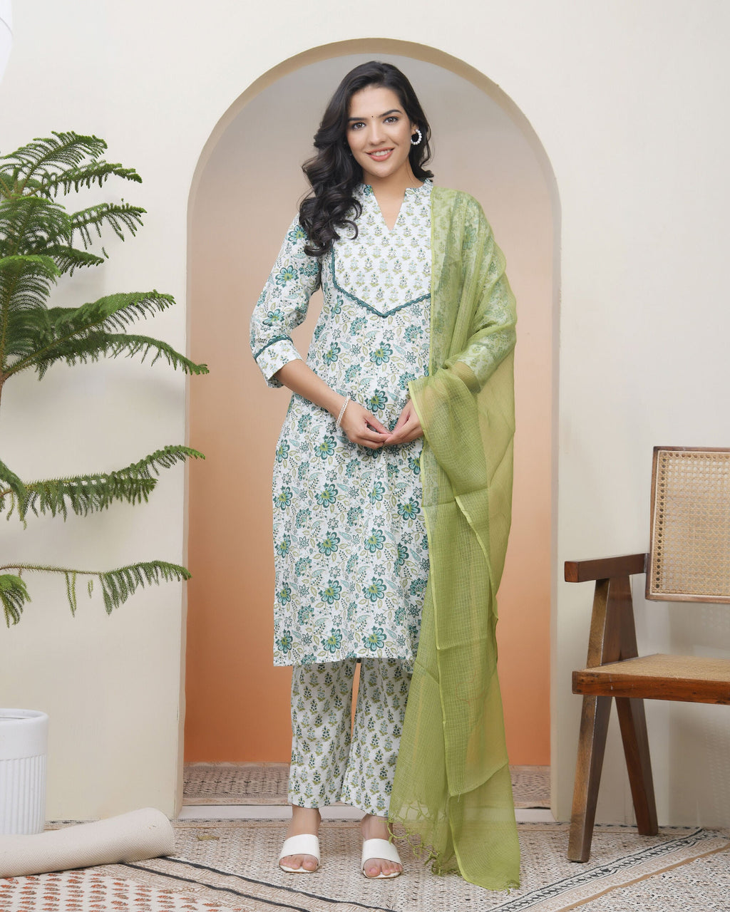 Vaasva Women White Cotton Kurta With Cotton Pant & Dupatta