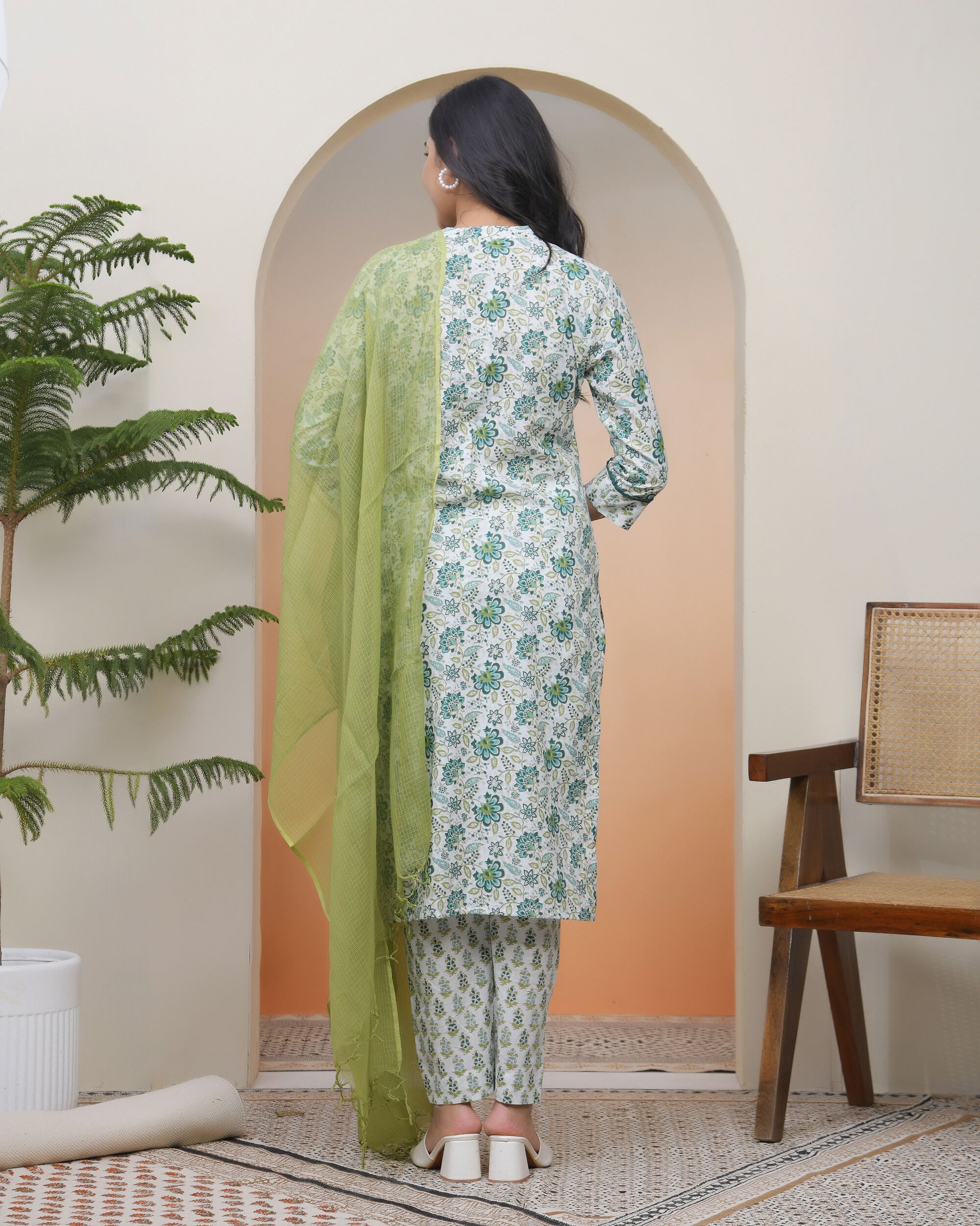 Vaasva Women White Cotton Kurta With Cotton Pant & Dupatta