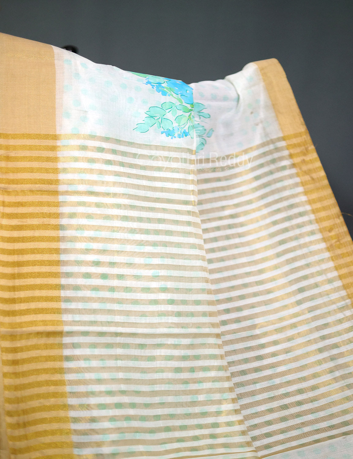 Shades of Milk White And Sky Blue Colour Floral Design Chanderi Printed Saree By Gayathri Reddy Designer Studio