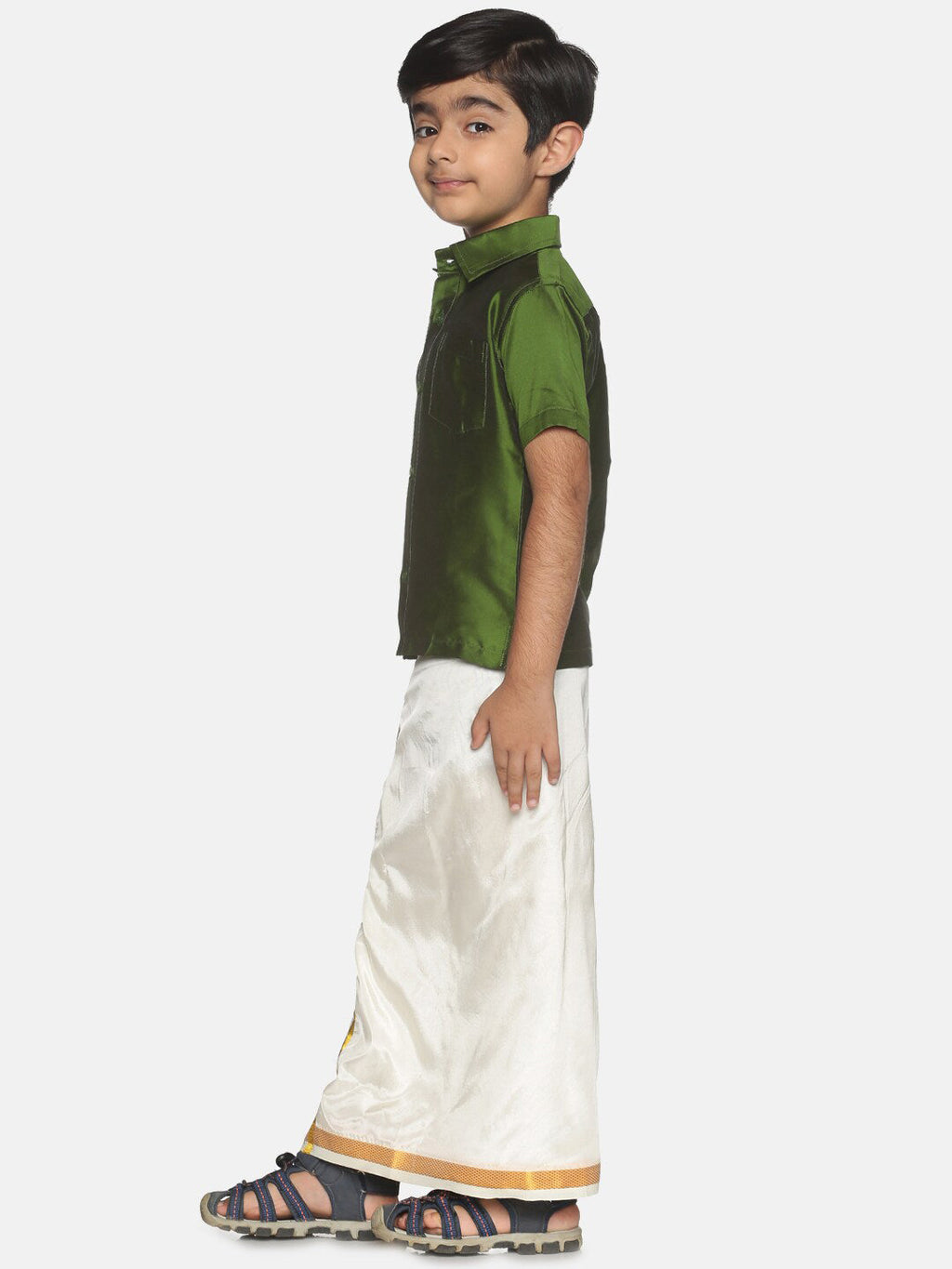 Sethukrishna Boys Green Shirt & Cream-Coloured & Zari Border Veshti Set