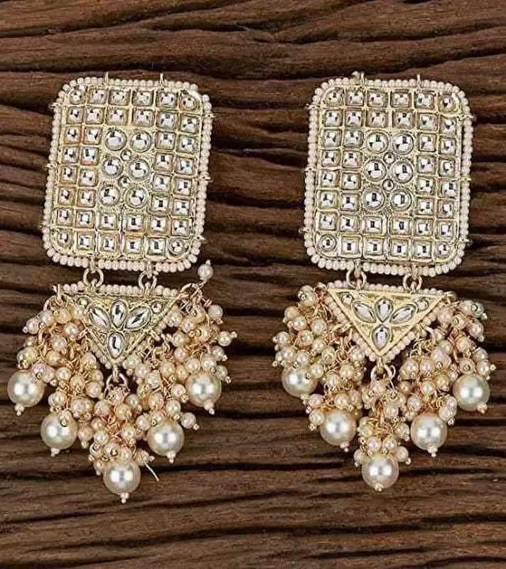 Tehzeeb Creations White Gold Trending Style Drop & Danglers Earring With Tikka For Girls & Women Diamond, Pearl Brass Drops - Distacart