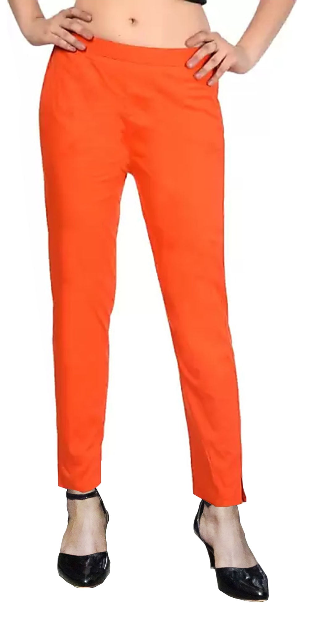 PAVONINE Orange Color Stretchable Cotton Lycra Fabric Pencil Pant For Women - Distacart