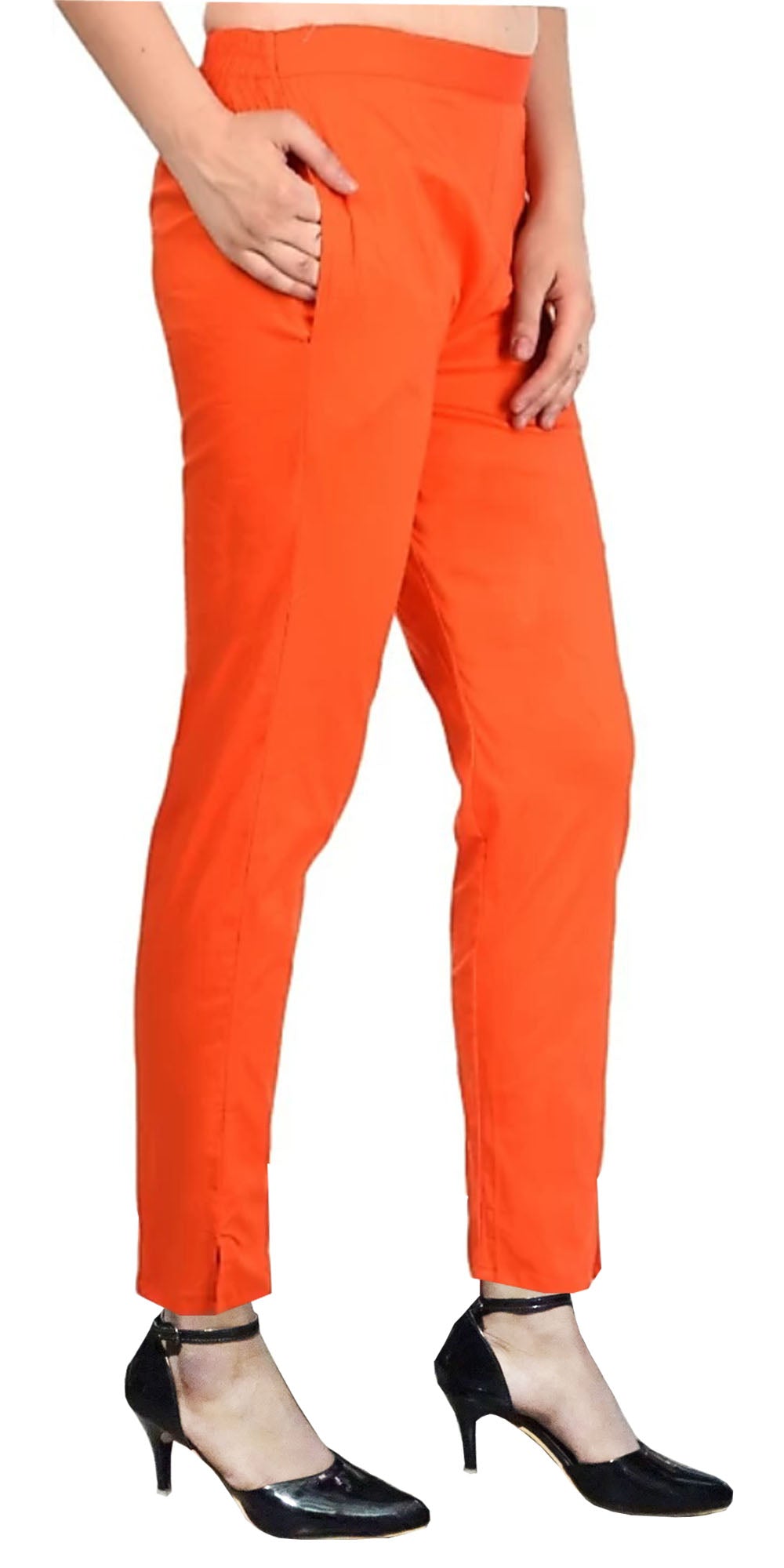 PAVONINE Orange Color Stretchable Cotton Lycra Fabric Pencil Pant For Women - Distacart