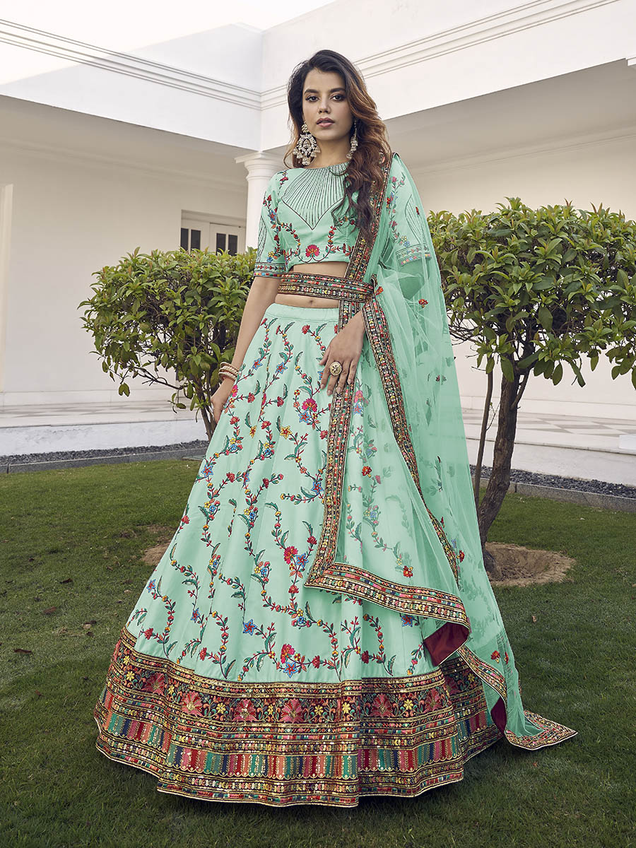 Myra Pista Green Silk Heavy Embroidered Lehenga