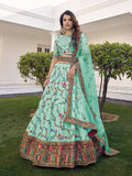 Myra Pista Green Silk Heavy Embroidered Lehenga