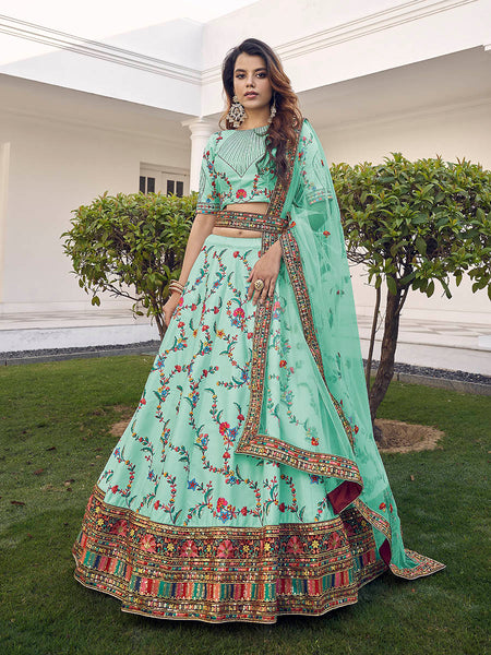 Myra Pista Green Silk Heavy Embroidered Lehenga