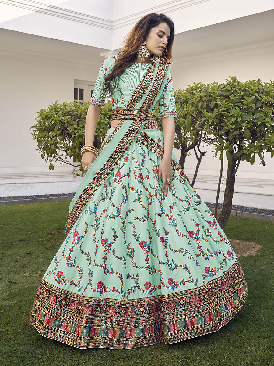 Myra Pista Green Silk Heavy Embroidered Lehenga